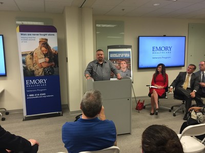 Matt Barnes speaks at a Warrior Care Network news conference with Wounded Warrior Project and Emory Healthcare's Veterans Program recently.