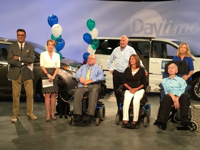 Today on the syndicated Daytime, the three winners of the National Mobility Equipment Dealers Association's 2016 National Mobility Awareness Month's Local Heroes Contest were announced.  Each will win a wheelchair accessible vehicle.  From left Daytime hosts, Jerry Penacoli and Cyndi Edwards with winners, Steve Karmgard, seated, Dave Hastings, center, with his wife Lori, seated, and Laura Rose with her husband John, seated.
