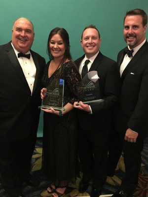 Enterprise employees accept awards for Best Travel Agent Support and Highest Client Satisfaction at the 2016 TravelAge West WAVE Awards. From left to right: Jeff Coggin, Erika Beaucage, Aaron Browne and Jay Pope.