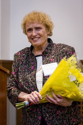 Sister Callista Roy, CSJ, '63, at a celebration honoring the 50th anniversary of her internationally recognized model for nursing care. The reception took place at Boston College's William F. Connell School of Nursing, and honored Sister Callista's continuing work in the field of nursing. An alumna of Los Angeles' Mount Saint Mary's University, as well as a former chair of nursing at the Mount, Sister Callista's Roy Adaptation Model has influenced patient care in countries around the world. (Photo by Caitlin Cunningham.)