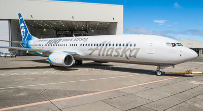 Alaska Airlines' newest Boeing 737-900ER left the paint hangar clad in a special Boeing centennial livery on June 22, 2016.
