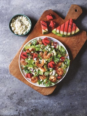 Applebee's NEW Grilled Watermelon and Spicy Shrimp Salad is made with mixed greens, cucumbers, feta, almonds and house-made creamy mint-Greek yogurt dressing.