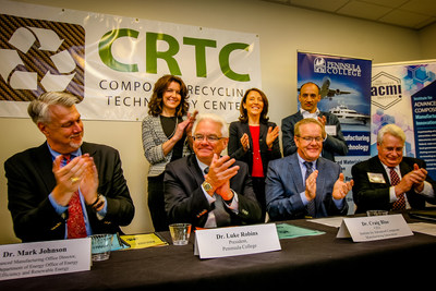 (Front L-R): Dr. Mark Johnson, Director of the Department of Energy's Advanced Manufacturing Office; Dr. Luke Robins, President, Peninsula College; Dr. Craig Blue, IACMI-The Composites Institute CEO; Robert Larsen, Composite Recycling Technology Center CEO(Back L-R): Colleen McAleer, Port of Port Angeles President; Maria Cantwell, State of Washington Senator; Brian Bonlender, Washington State Department of Commerce Director