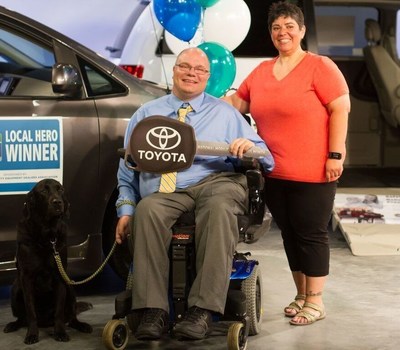 Steve Karmgard, shown here with his wife, Helen, and his canine companion, Pluto, is the winner of the 2016 Local Heroes Contest. Winning a Toyota Sienna wheelchair accessible vehicle in National Mobility Equipment Dealers Associations' National Mobility Awareness Month Campaign. BraunAbility is providing the wheelchair conversion.