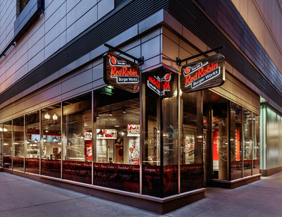 Red Robin Burger Works restaurant exterior. Red Robin Burgers Works is a smaller, fast-casual restaurant prototype operated by Red Robin Gourmet Burgers, Inc. that serves fiery, fresh food with friendly and quick service.
