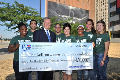 Sherwin-Williams Executive Chairman Chris Connor, Michele Campbell Executive Director of the LeBron James Family Foundation with team members.