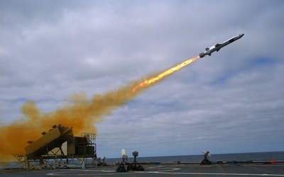 A Naval Strike Missile (NSM) is launched from the Littoral Combat Ship USS Coronado (LCS 4) during a Sept. 23, 2014, test off the coast of Southern California. US Navy photo.
