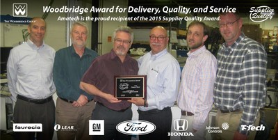 The Amatech team accepting their award for excellence in customer service from the Woodbridge Group. The Woodbridge Group is a leading supplier of foam for the automotive industry and has been working with Amatech, Inc. for well over a decade.