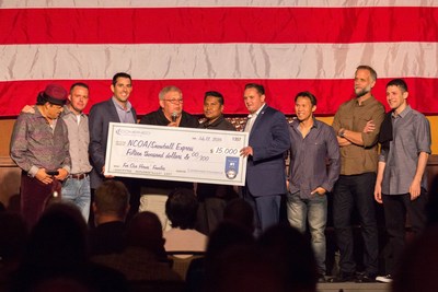 Combined Insurance presented a check for $15,000 to the NCOA at their Comedy Night Salute to the Troops to support Snowball Express, an organization that helps children of fallen military heroes. Pictured (l-r): Comedian Paul Rodriguez; Jody Fuller, GIs of Comedy; John Capra, Combined Insurance; Clifford Davis, NCOA; Desh Lachman and Joseph Pennington, Combined Insurance; Thom Tran, Tom Irwin, and Jose Sarduy, GIs of Comedy. Photo credit: Kristen Buccini.