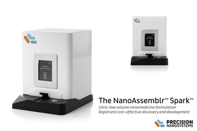 The NanoAssemblr Spark instrument from Precision NanoSystems uses proprietary microfluidics technology for the controlled and reproducible manufacture of 25 µL - 250 µL nanoparticles in less than 10 seconds.