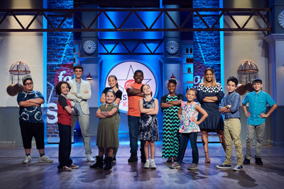 Mentors Donal Skehan and Tia Mowry with the kid competitors of Food Network's Food Network Star Kids