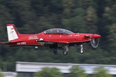 The Pilatus PC-21 aircraft taking its first initial production test flight at their factory in Stans, Switzerland.