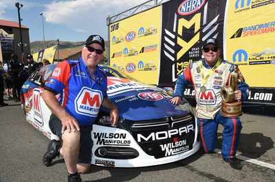 Allen Johnson (right) and his father and engine builder, Roy Johnson, scored the first win of 2016 for a Mopar Dodge Dart NHRA Pro Stock car with their triumph at the 37th Annual Mopar Mile-High NHRA Nationals.