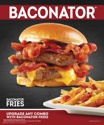 Wendy's Baconator is a one-of-a-kind. Made with two quarter pound patties of fresh, never frozen North American beef and topped with six strips of Applewood Smoked Bacon that's cooked in house every day. Add ketchup, mayo and cheese all under a warm, toasted bun. Up the ante with Baconator Fries loaded with fresh-cooked bacon, warm cheddar cheese sauce and shredded cheddar cheese over Wendy's natural-cut fries.