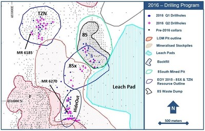 Drillhole location plan map for the 2016 exploration drill program at the Marigold mine, Nevada, U.S.
