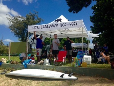 Injured veterans get ready to enjoy water activities including adaptive surfing, shoreline flotation, and swimming at a volunteer event with Wounded Warrior Project in Ewa Beach, Hawaii.