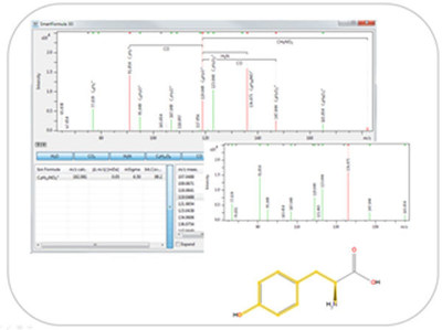 Figure 2: Seamless annotation of unknown compounds - MetaboScape 2.0 simplifies identification of unknowns. The fully integrated, proprietary and unique SmartFormula(TM) 3D isotopic ratio routine for precursor and product ions automatically and confidently generates precise molecular formula.  CompoundCrawler(TM) provides hits for possible structures by accessing online databases. Subsequent in silico fragmentation of structure candidates provides the compound with the best score by matching measured...