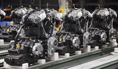 Assembled Milwaukee-Eight engines at Harley-Davidson's Powertrain Operations factory in Menomonee Falls, Wis., await shipment for final vehicle assembly.