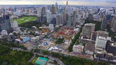 The Langsuan Village site under construction. One of the largest mixed-use developments in Bangkok, Thailand, Langsuan Village will use 54 Otis elevators and escalators in its six towers.