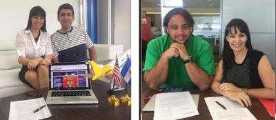 La Directora y Socia de InfoNegocios-Miami, Nancy Clara, firma la franquicia junto a sus socios Emilio Elias e Ignacio Etchepare