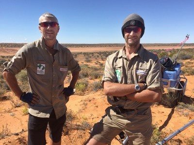 MARK GEORGE (LEFT) AND SEBASTIAN COPELAND ON THEIR WAY TO COMPLETE THE LONGEST AND HARDEST LATITUDINAL CROSSING OF AUSTRALIA'S SIMPSON DESERT'S, 651KM ON FOOT AND WITHOUT SUPPORT