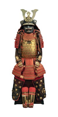 Composite armor with bust in two parts and laced in red silk, second quarter of the 16th century and first half of the 18th century. Steel, copper alloy, silver, gilded copper, ivory, Asian water buffalo horn, wood (Japanese foxglove), silk, lacquer, and silk brocade, 63 x 23 5/8 x 23 5/8 in. Collection of Museo Stibbert