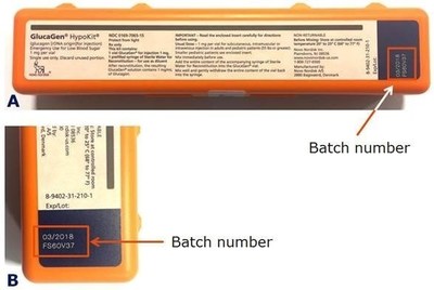 Figure 1. A) GlucaGen(R) HypoKit(R) where the batch number is found in the red box, B) close up of the batch number.
