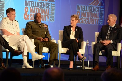 From left, Adm. Michael Rogers, USN, U.S. Cyber Command director; Lt. Gen. Vincent Stewart, USMC, Defense Intelligence Agency director; Betty Sapp, National Reconnaissance Office director; and Robert Cardillo, National Geospatial-Intelligence Agency director share their perspectives on U.S. national, defense and homeland security issues at the third annual Intelligence and National Security Summit. DoD photo by Amaani Lyle