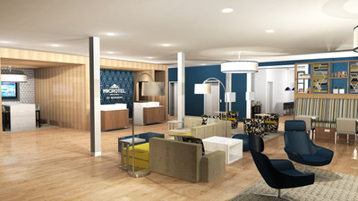 A rendering of Microtel Inn & Suites by Wyndham's redesigned lobby, one of nearly 30 newly unveiled brand initiatives across Wyndham Hotel Group.