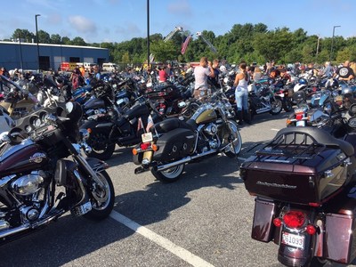 Motorcycles are lined up before the Second Annual Ride with the Heroes. A group of injured veterans with Wounded Warrior Project escorted hundreds of motorcycle riders across Maryland on a 65-mile rural tour. The ride is an annual community event that recognizes service members including military, firefighters, and police.