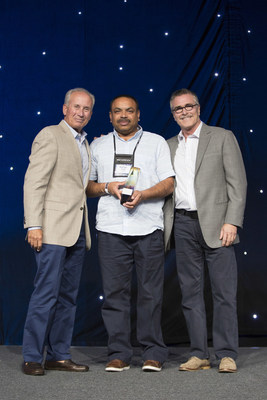 Jim Amorosia, President & CEO, G6 Hospitality (left); Rocky Patel, Motel 6 Franchisee of the Year (center), Tom Bodet, Voice of Motel 6 (right)  (Photo Credit to Scott Cook)