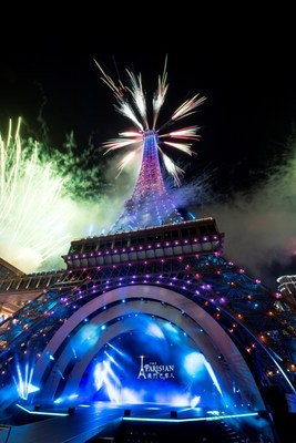 Pyrotechnics shoot from the authentic half-scale recreation of the Eiffel Tower at the grand opening ceremony of The Parisian Macao, lighting up the Cotai skyline Tuesday night.