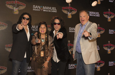 Gene Simmons and Paul Stanley of KISS, with San Manuel Indian Bingo & Casino General Manager Loren Gill, and San Manuel Tribal Business Committee Chairwoman, Lynn Valbuena at San Manuel Indian Bingo & Casino.