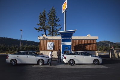 First Element Fuel's Chief Operations Officer Dr. Tim Brown, Chief Development Officer Dr. Shane Stephens and Chief Eexecutive Officer Joel Ewanick stop at the True Zero hydrogen-charging station in Truckee, Calif. to fill up their Toyota Mirai fuel-cell cars during their 24-hour record journey of 1,438-miles.