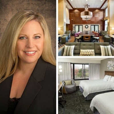 Left: Angel Trubee has been hired by Dimension Development as the new area director of sales for two hotels in Cypress, California. Top Right: The elegant lobby at Hampton Inn Los Angeles-Orange County-Cypress features free Wi-Fi and a dining area where guests enjoy complimentary breakfast each morning. Bottom Right: Stylish guest rooms at Courtyard Cypress Anaheim/Orange County boast plush Marriott bedding, complimentary Wi-Fi and flat-panel TVs with premium cable channels.