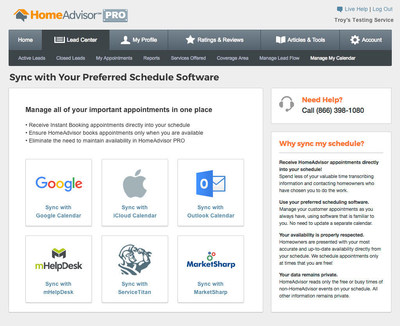 HomeAdvisor's Instant Booking marketplace will allow for calendar integration with Apple iCloud, Microsoft Outlook, mHelpDesk, ServiceTitan and MarketSharp.