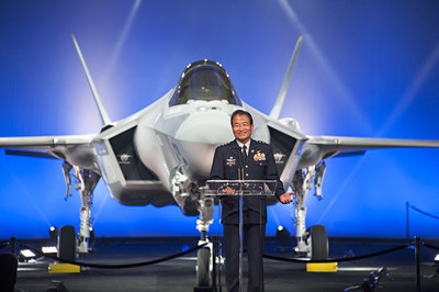 Gen. Yoshiyuki Sugiyama, Japan Air Self Defense Force Chief of Air Staff, addresses the ceremony audience as Japan's first F-35A aircraft is revealed at the Lockheed Martin's production facility in Fort Worth, Texas, Sept. 23. Lockheed Martin photo by Beth Steel