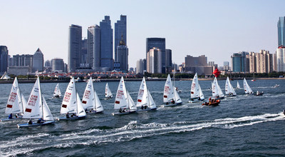 Sailors from all over the world compete in Fushan Bay, Qingdao, China