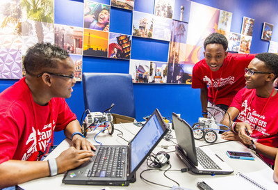 L-R: High school students Shane Porter of Douglasville, Ga., Nazareth Brown of Woodstock, Ga., and Jacoby Felder of Duluth, Ga. learn the science behind the magic of Walt Disney World Resort during an engineering workshop March 4, 2016 at Disney Dreamers Academy with Steve Harvey and Essence Magazine at Disney University in Lake Buena Vista, Fla. The ninth annual event March 3-6, 2016, is a career-inspiration program for distinguished high school students from across the U.S. (Matt Stroshane, photographer)