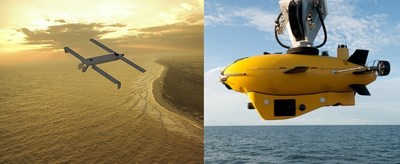 在由美国海军主办的跨域指挥和控制活动中，洛克希德·马丁公司在马林MK2自主水下航行器(AUV，右)的指挥下成功发射了矢量鹰(左)，这是一种小型无人机(UAV)。图片由洛克希德·马丁公司提供。