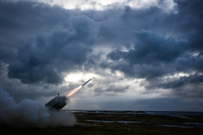An AMRAAM-Extended Range missile is fired from a NASAMS launcher, successfully engaging and destroying a target drone during a flight test at the Andoya Space Center in Norway.