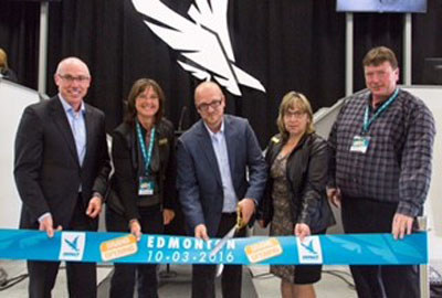 Terry Daniels (Managing Director, Impact Auto Auctions), Councillor Jackie McCuaig, (Division 2, Parkland County), Dave Tenk (Branch Manager, Impact Edmonton), Councillor Tracey Melnyk (Division 6, Parkland County) and Deputy Mayor John McNab (Parkland County) celebrate the grand opening of Impact Edmonton.