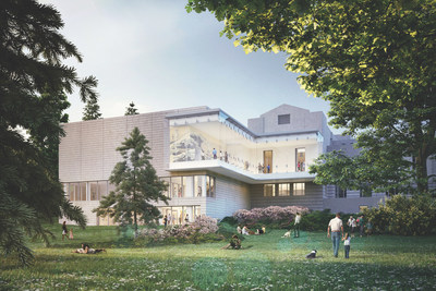 Concept design for the renovation and expansion of the Asian Art Museum, Seattle, Washington. Rendering shows future glass wall addition that will open the building up and provide views to Volunteer Park. "The design is focused on strengthening the relationship between the building and the park--from the outside in and the inside out," says Sam Miller, AIA, Partner at LMN Architects.