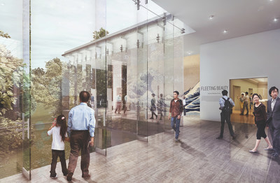 Concept rendering depicting the interior of the new glass lobby addition to the Asian Art Museum, Seattle, Washington. The addition will improve circulation through the galleries and provide direct visual connections to Volunteer Park.