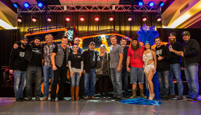 Diesel Brother's team members D.J. "Thinmint", Tyson "Shop Viking", Lonestar country music band members Keech Rainwater and Dean Sams, (back) Seven Feathers Casino Resort General Manager Shawn McDaniel, (front) country music artist Amy Clawson, Ray M. of Grants Pass, OR., Grand Prize winner of the $150,000 Custom Built Diesel Sellerz Truck Giveaway - Brenda M. of Grants Pass, OR., Lonestars Richie McDonald and Michael Britt, Diesel Brother's Diesel Dave, Seven Feathers Casino Resort Gala Girl, Diesel Brother's Hans, Red Beard, and Chet "Shop Goon".