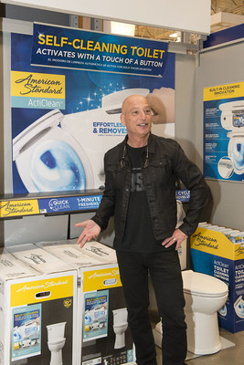 Television celebrity Howie Mandel tells visitors at Lowe's that the new American Standard ActiClean self-cleaning toilet features easy "press of a button" operation for bowl scouring without the brush.