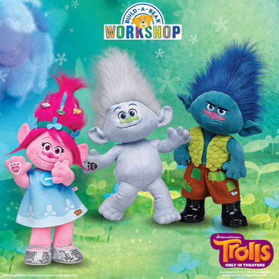 Build-A-Bear Workshop today unveiled a collection of Make-Your-Own Trolls, as well as costumes and accessories, based on DreamWorks Animation's Trolls feature film, in U.S. theaters Nov. 4. The line includes huggable Trolls plush (left to right) Poppy, Guy Diamond and Branch, in addition to a pre-stuffed Cooper (not pictured).