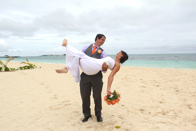 Newlyweds Matthew and Natashja after their dream beach wedding at Breezes Bahamas, which took place hours before the storm hits the island