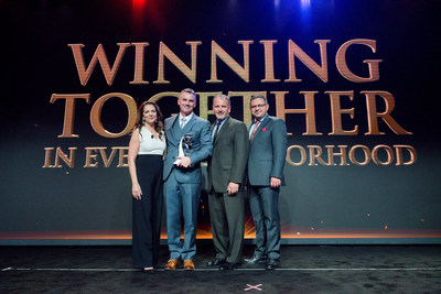 Brock Furlong, President and CEO of Stampede Meat accepts The Vendor of the Year Award at the 2016 Applebee's Global Franchise Conference in Beverly Hills on Sept. 29; pictured from left to right: Julia Stewart, President, Applebee's; Brock Furlong; Mike Leikam, President & CEO, Centralized Supply Chain Services, LLC; Sanjiv Razdan, SVP of Operations, Applebee's.
