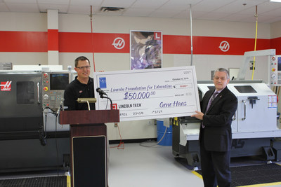 Neil McGill (left), Director of Operations at Allendale Machining, presenting $50,000 check from the Gene Haas Foundation to Joe Bellucci, Director of Education at Lincoln Tech in Mahwah, NJ to provide scholarships for students in the school's CNC Machining & Manufacturing program.